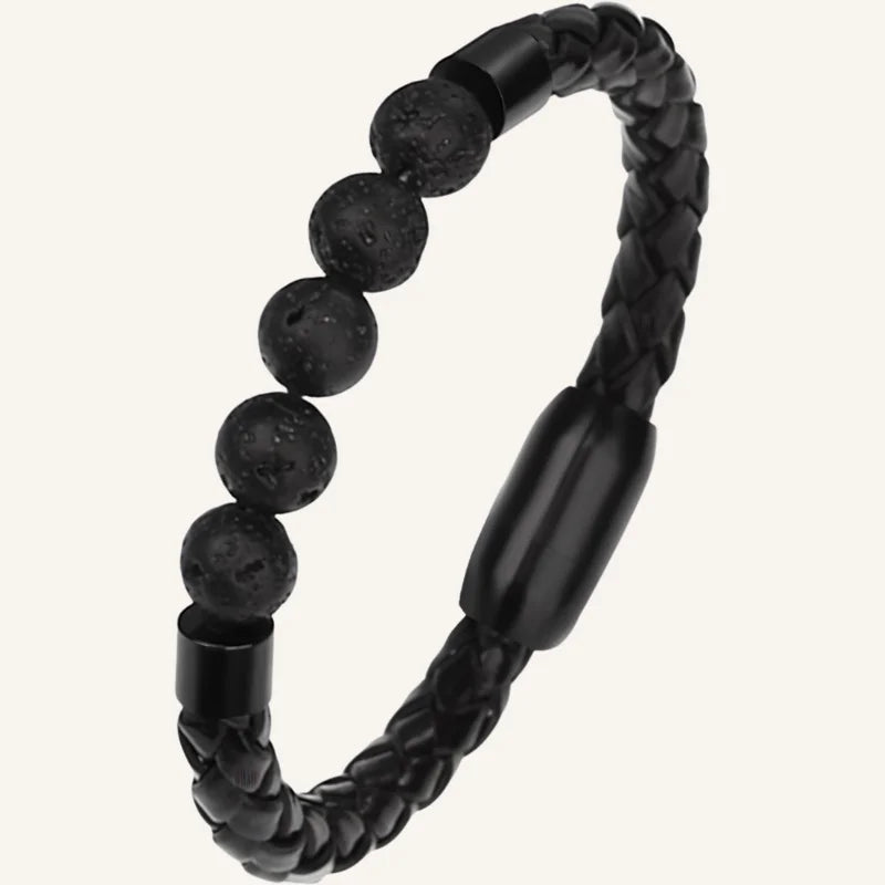 bracelet cuir et pierres de lave noir