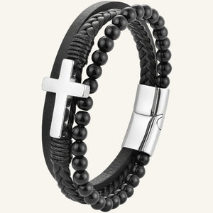 bracelet cuir et pierres naturelles croix