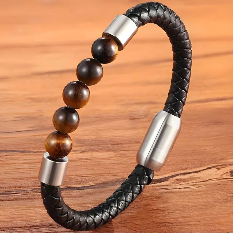 bracelet cuir et pierres œil de tigre