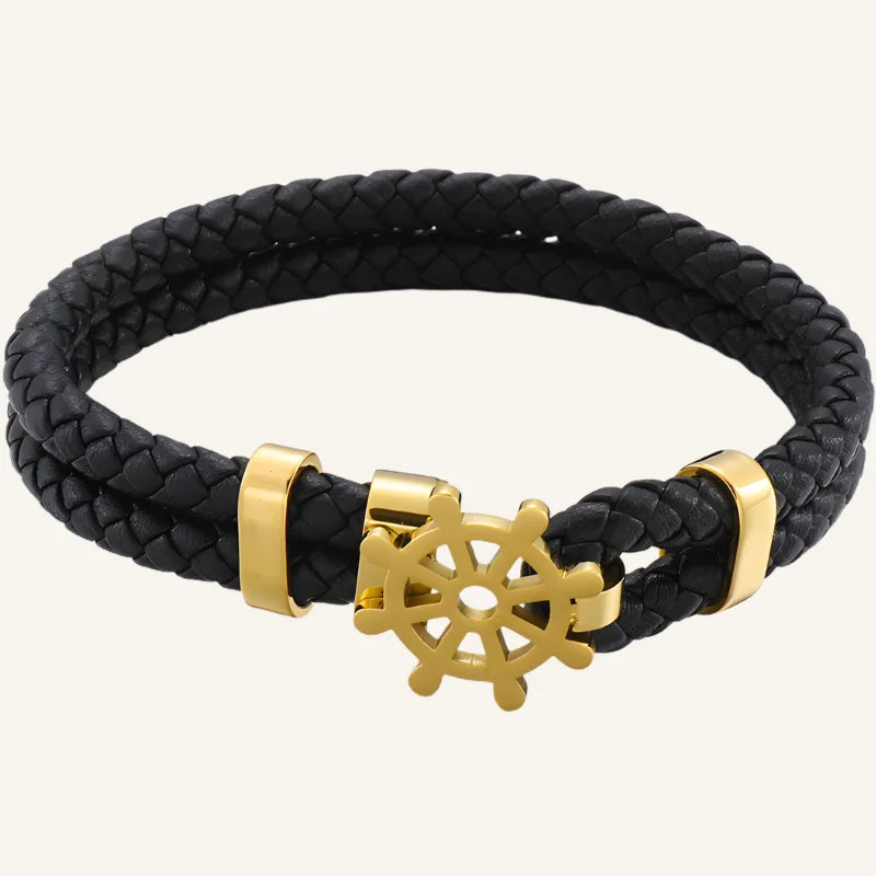 bracelet cuir gouvernail noir doré