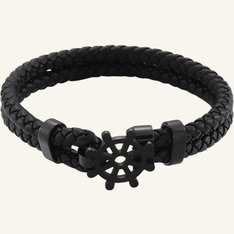 bracelet cuir gouvernail noir