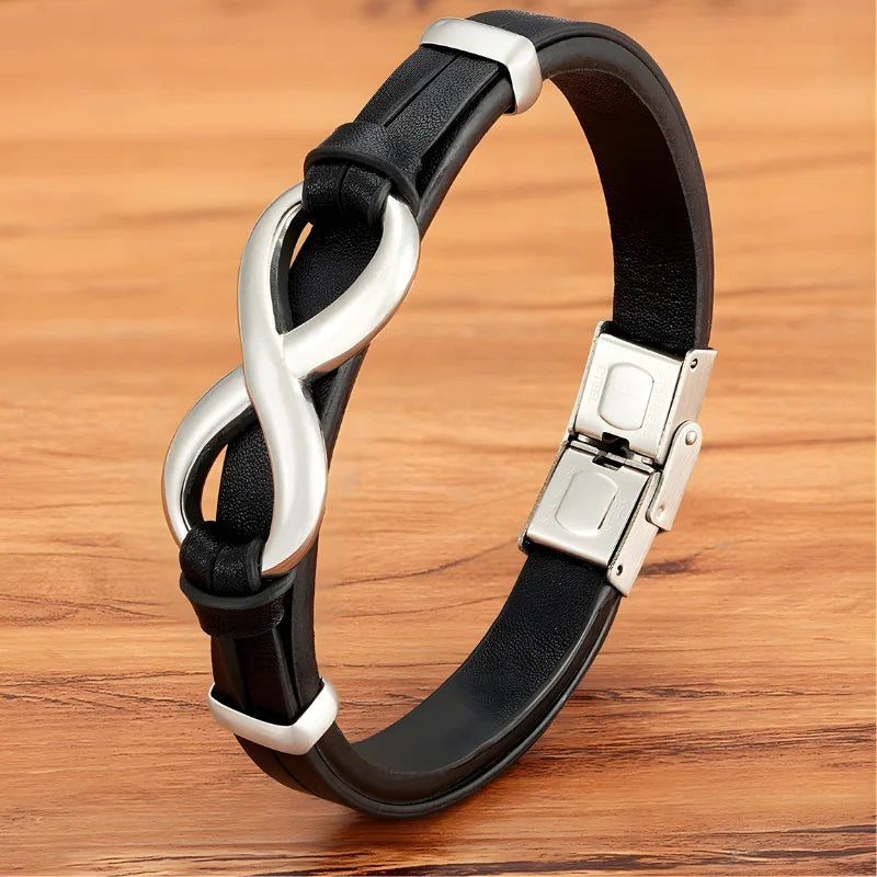 bracelet cuir homme infini noir argenté