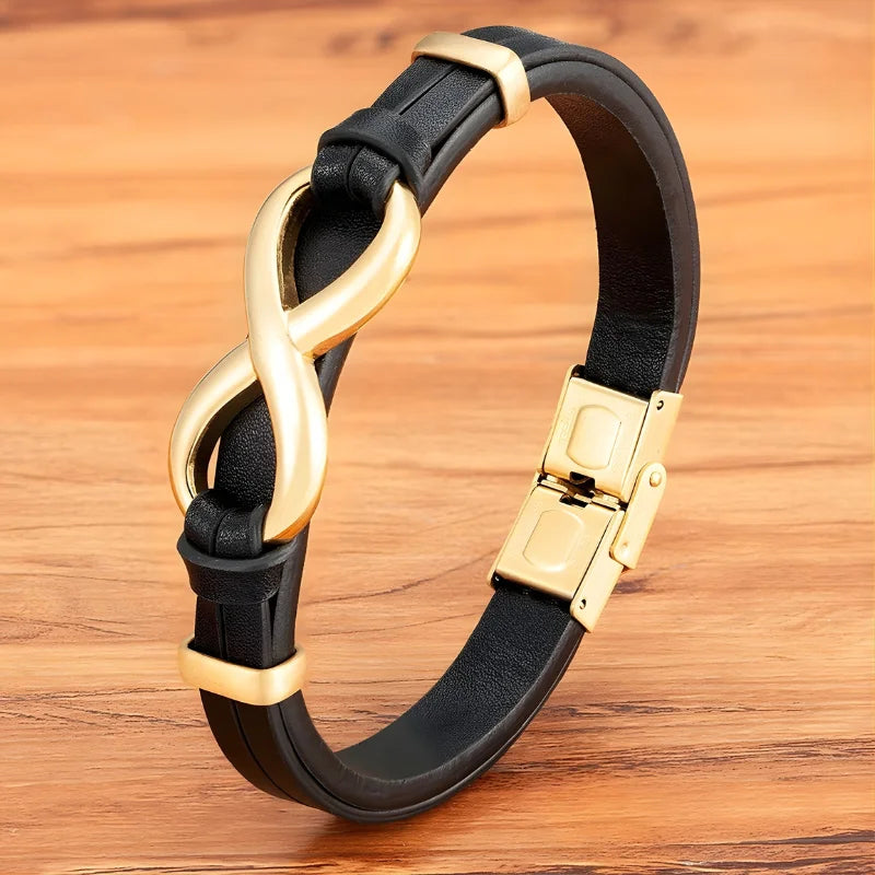 bracelet cuir homme infini noir doré