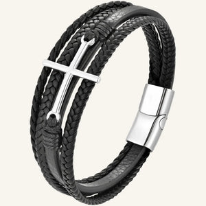 bracelet cuir homme multi-rangs acier croix