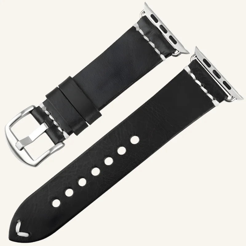 bracelet cuir huilé pour Apple Watch argenté noir