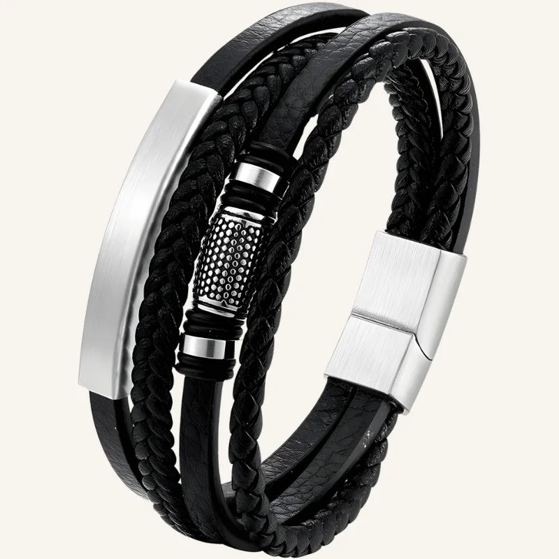 bracelet cuir multi-rangs acier argenté