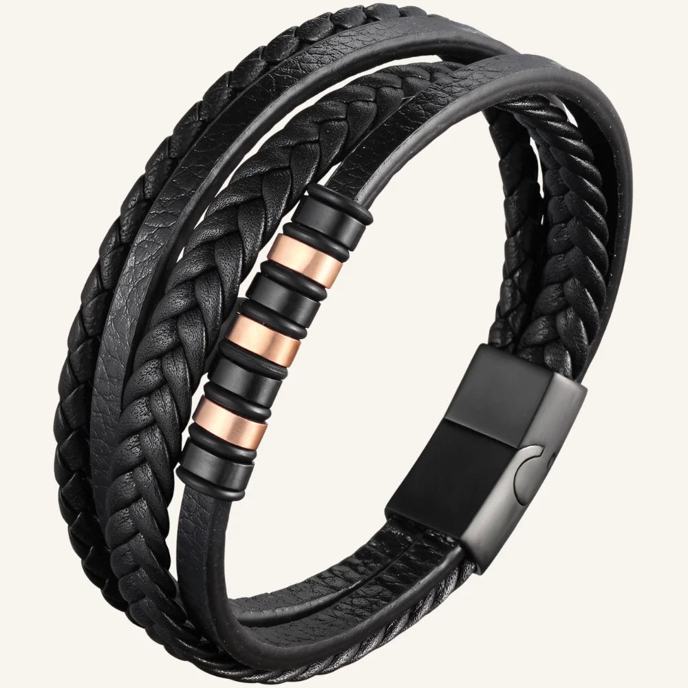 bracelet cuir multi-rangs acier bicolore