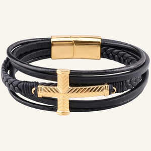 bracelet cuir multi-rangs acier croix striée