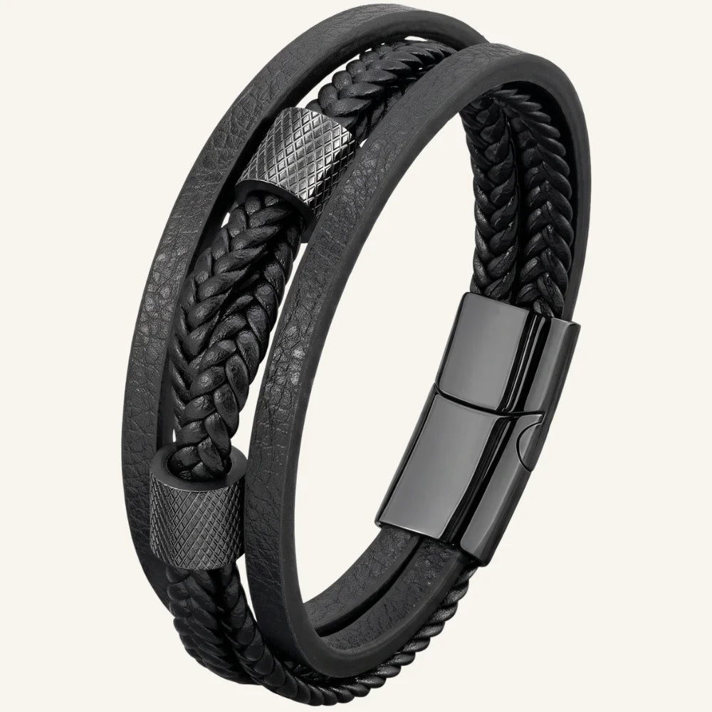 bracelet cuir multi-rangs acier