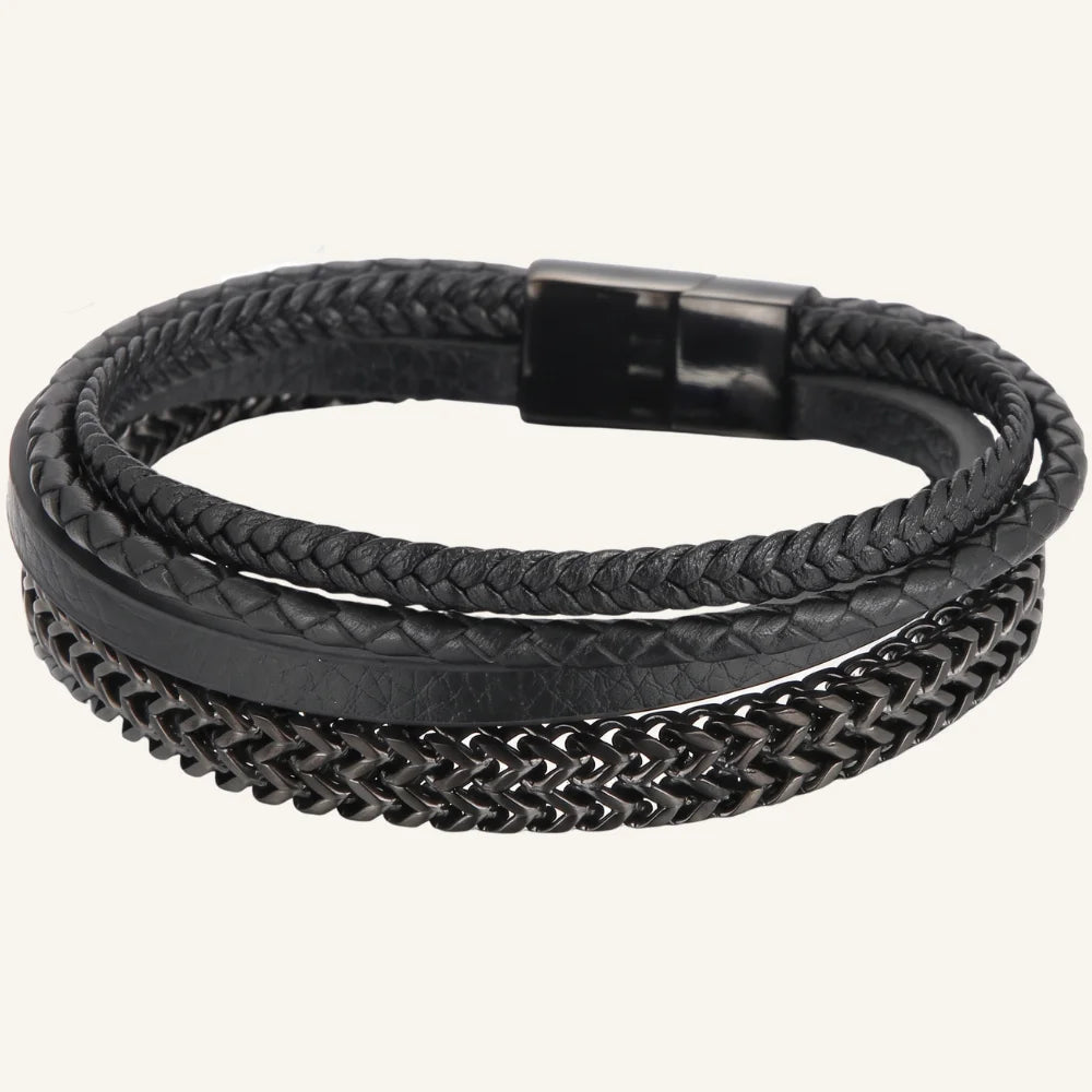 bracelet cuir multi-rangs chaine en acier