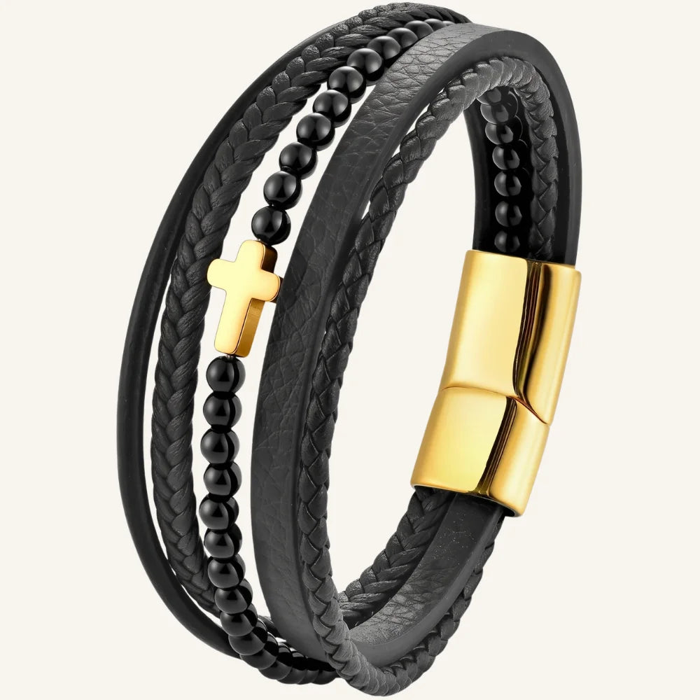 bracelet cuir multi-rangs croix pierres d’agate