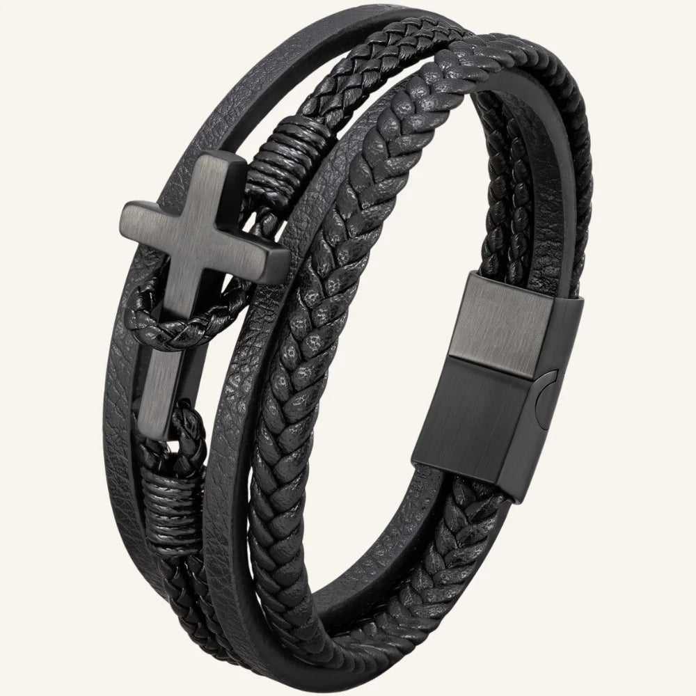 bracelet cuir multi-rangs croix