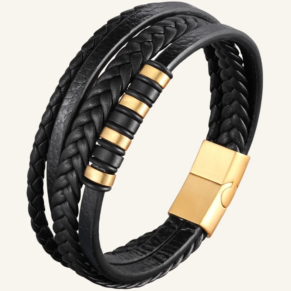 bracelet cuir multi-rangs et acier bicolore