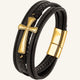 bracelet cuir multi-rangs et acier croix