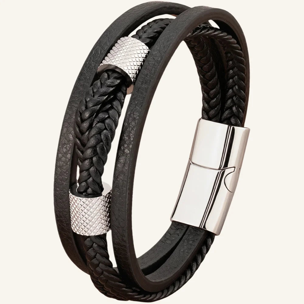 bracelet cuir multi-rangs et acier