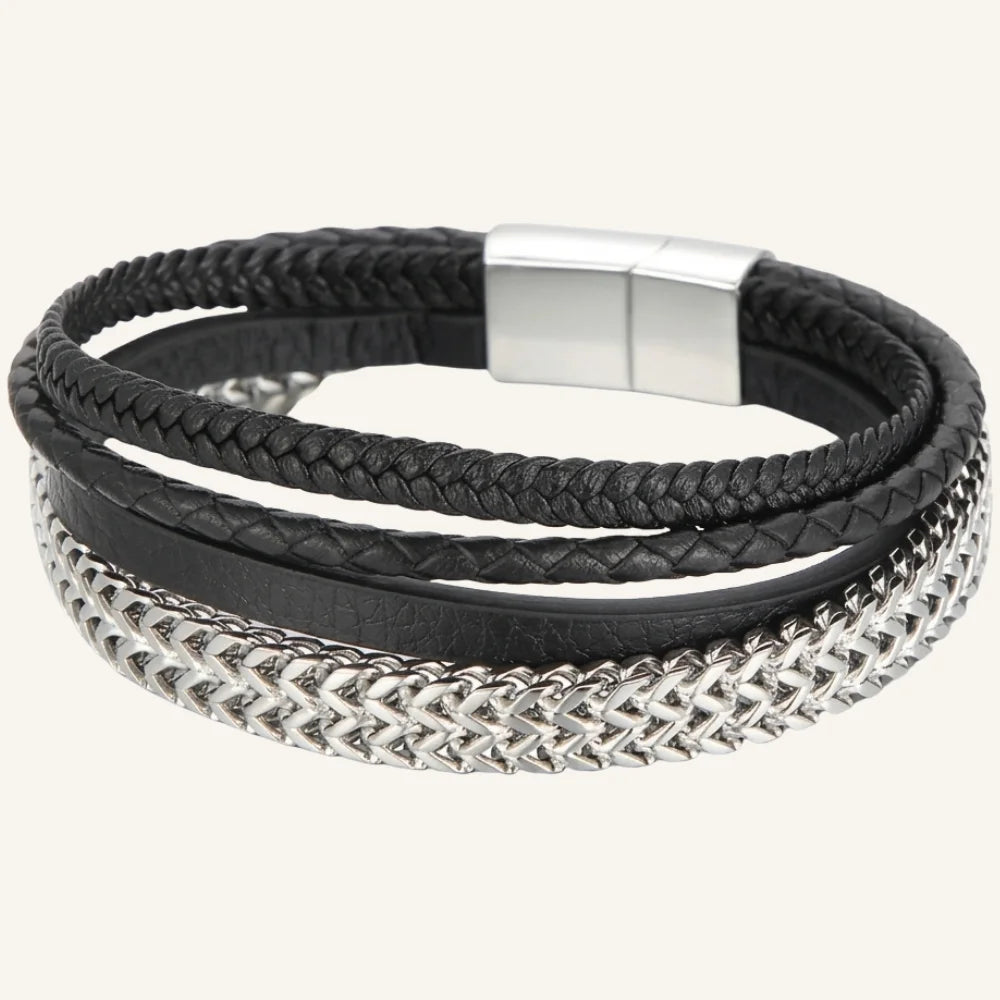 bracelet cuir multi-rangs et chaine en acier