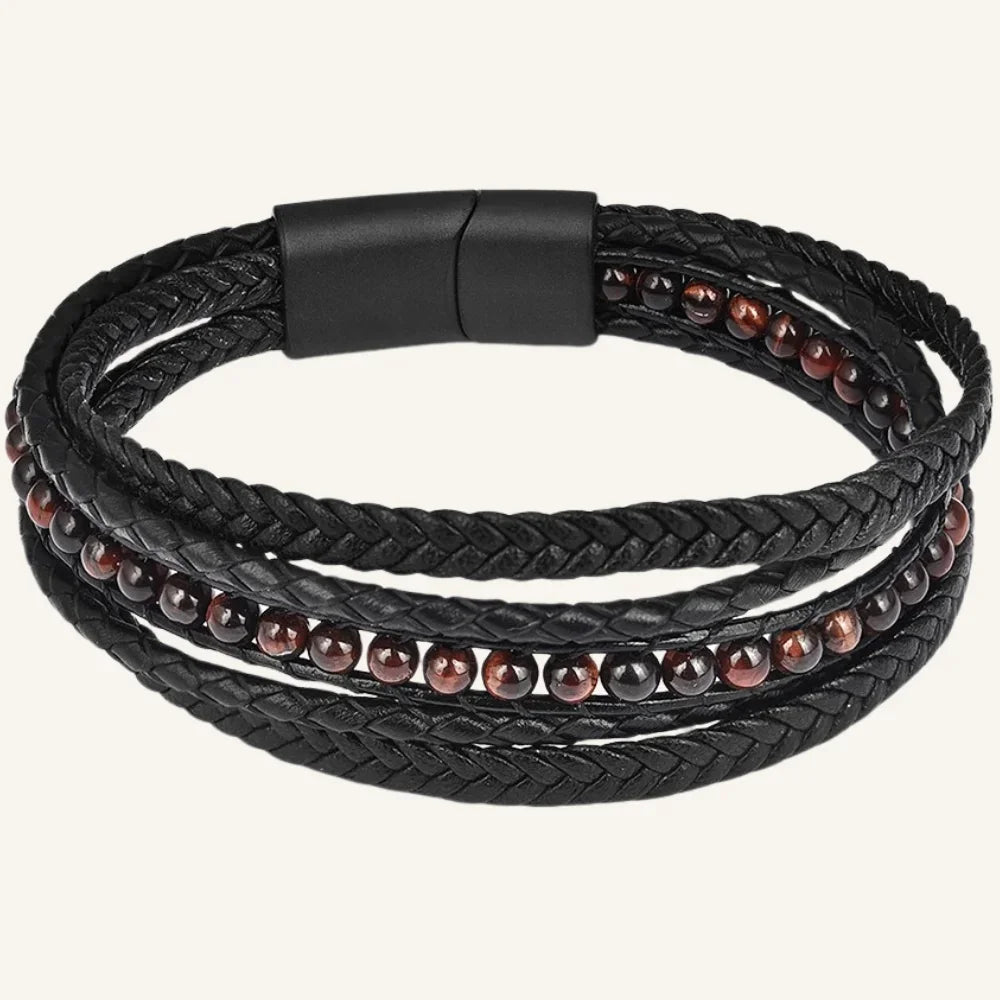 bracelet cuir multi-rangs pierres œil de tigre