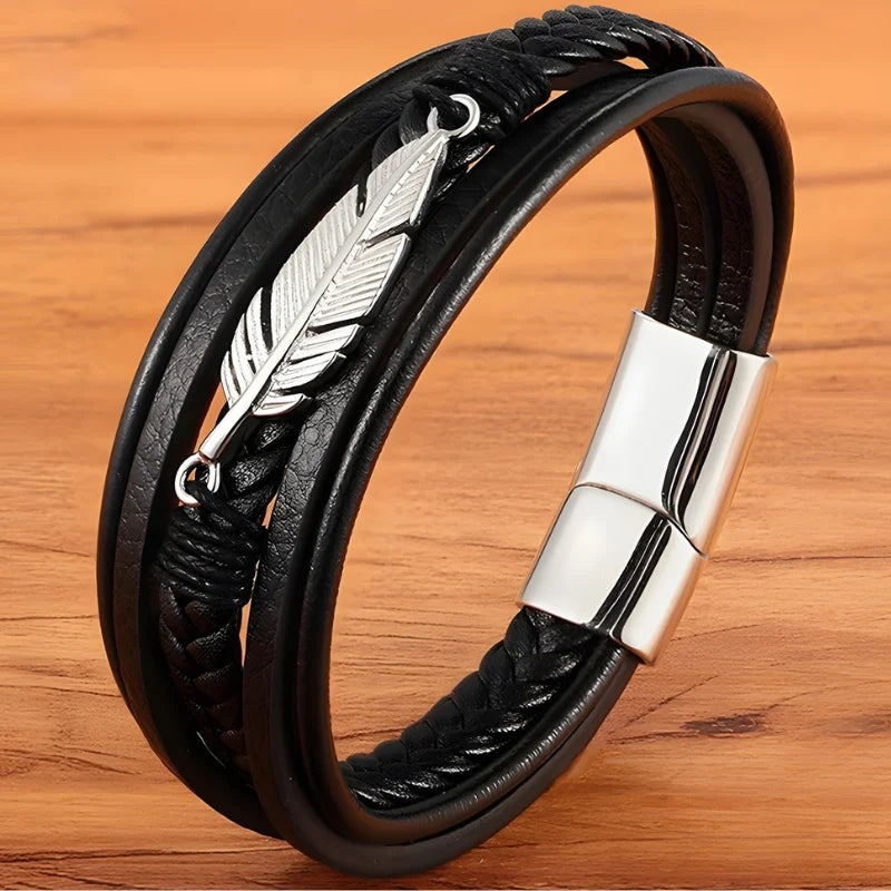 bracelet cuir multi-rangs plume argenté