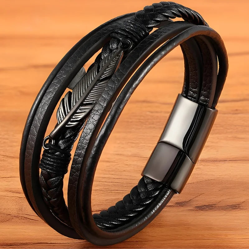 bracelet cuir multi-rangs plume noir