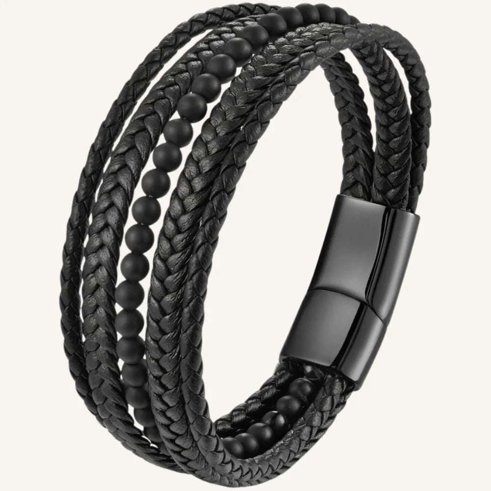 bracelet cuir multi-rangs tressé et pierres naturelles