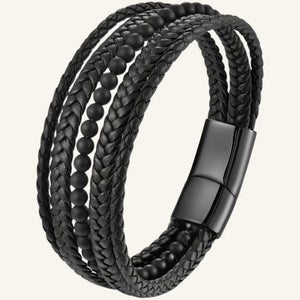 bracelet cuir multi-rangs tressé et pierres naturelles