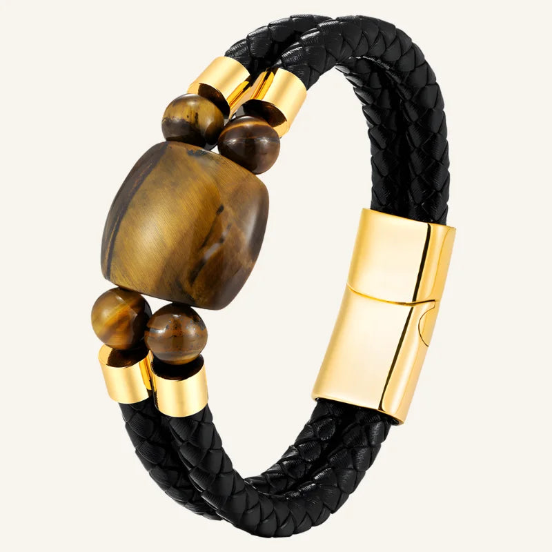 bracelet cuir oeil de tigre jaune doré