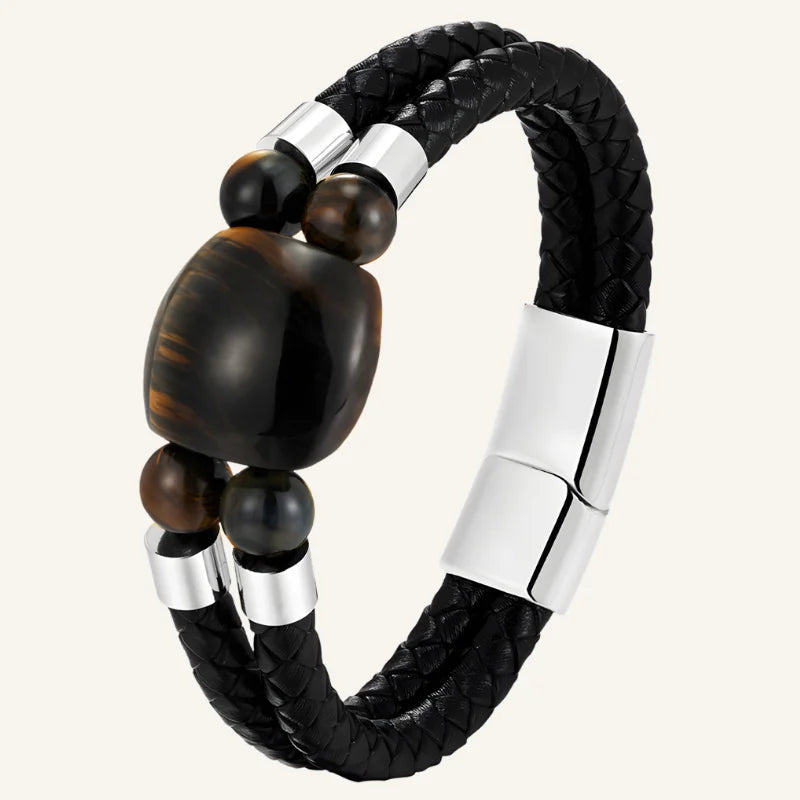 bracelet cuir oeil de tigre marron argenté