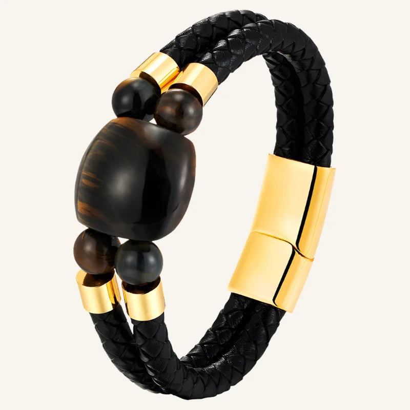 bracelet cuir oeil de tigre marron doré