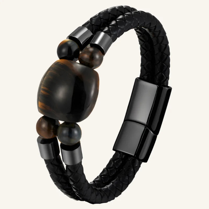 bracelet cuir oeil de tigre marron noir