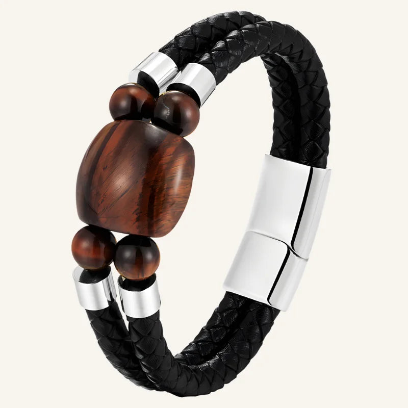 bracelet cuir oeil de tigre rouge argenté