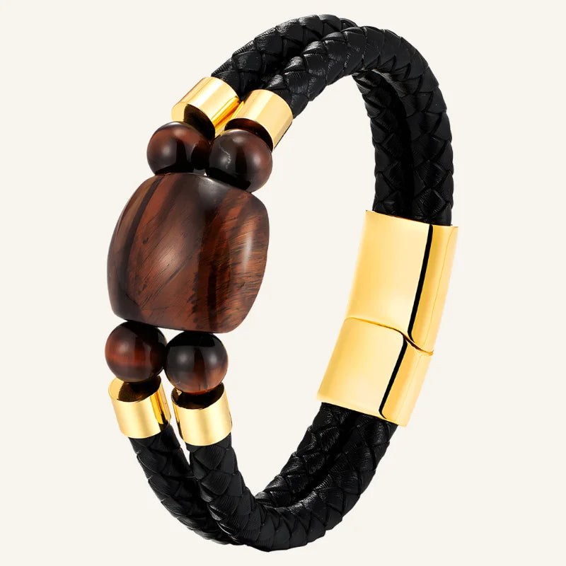 bracelet cuir oeil de tigre rouge doré