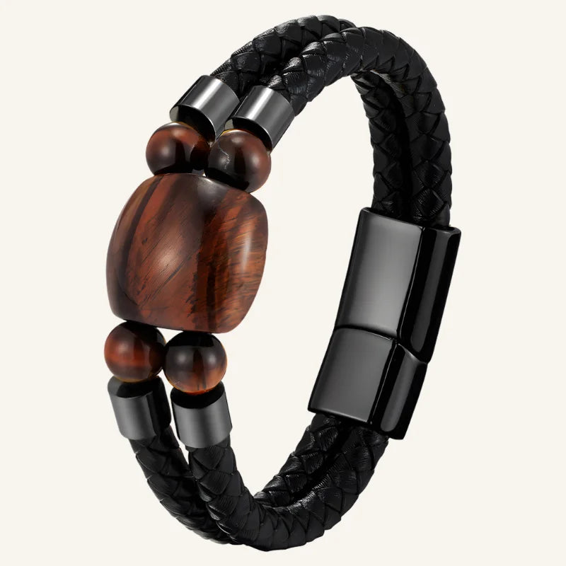 bracelet cuir oeil de tigre rouge noir