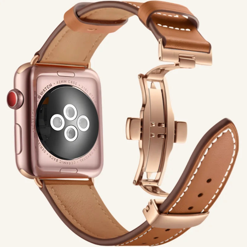 bracelet cuir original pour apple watch doré marron