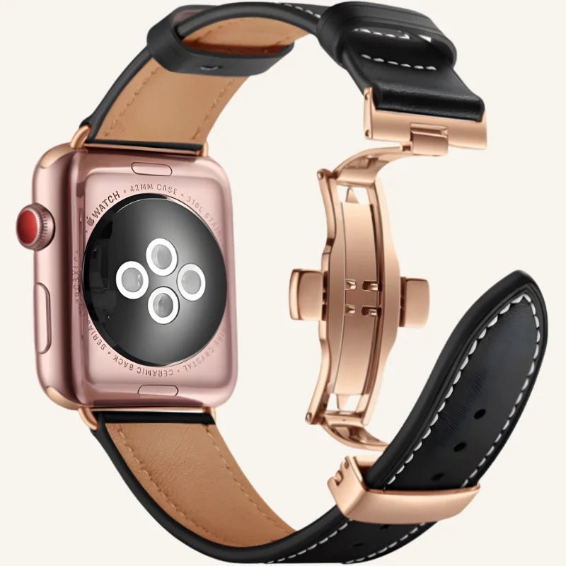 bracelet cuir original pour apple watch doré noir