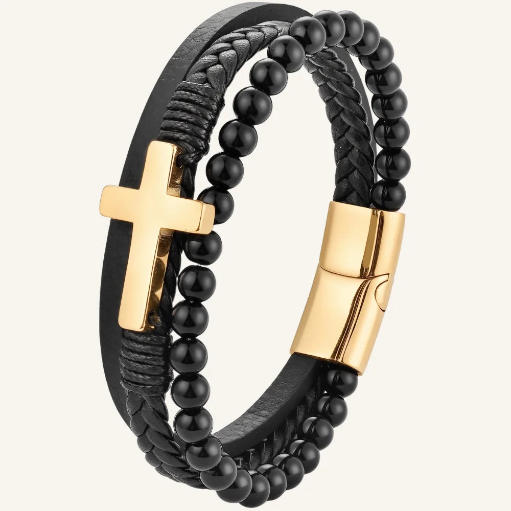 bracelet cuir pierres naturelles croix