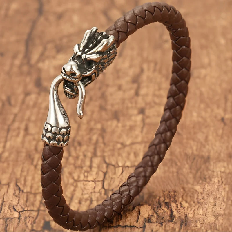 bracelet cuir tête de dragon marron