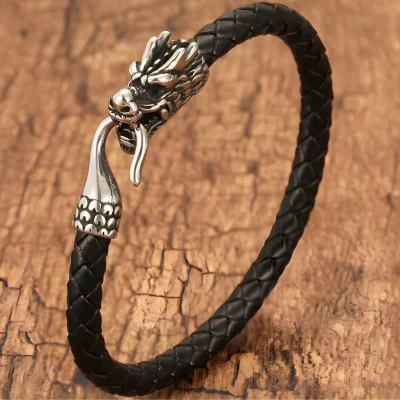 bracelet cuir tête de dragon noir