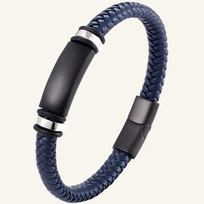 bracelet cuir tressé acier bleu