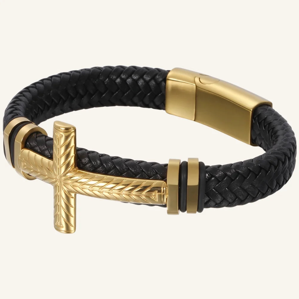 bracelet cuir tressé acier croix