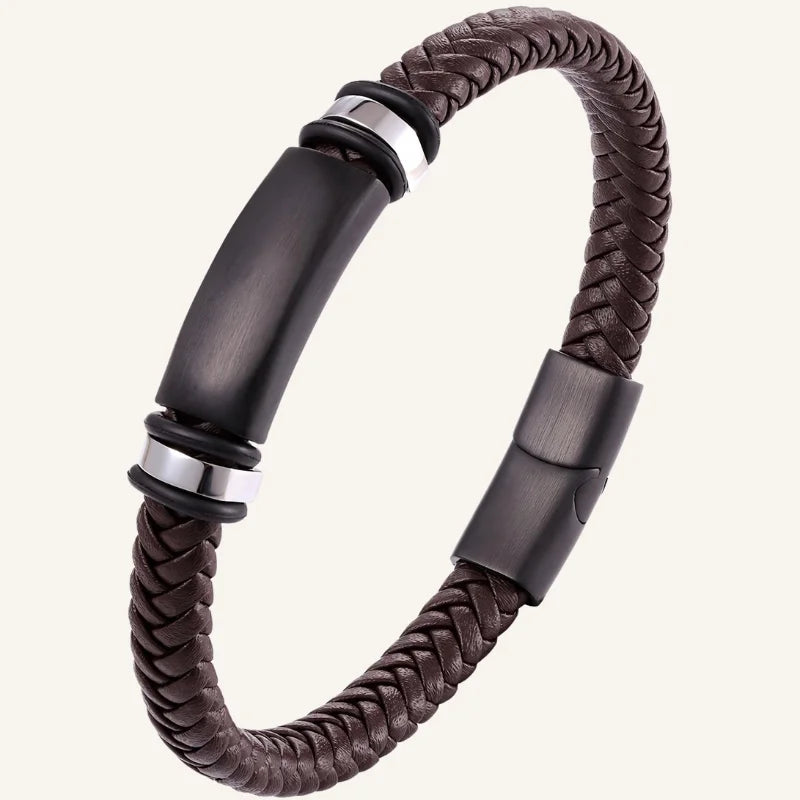 bracelet cuir tressé acier marron