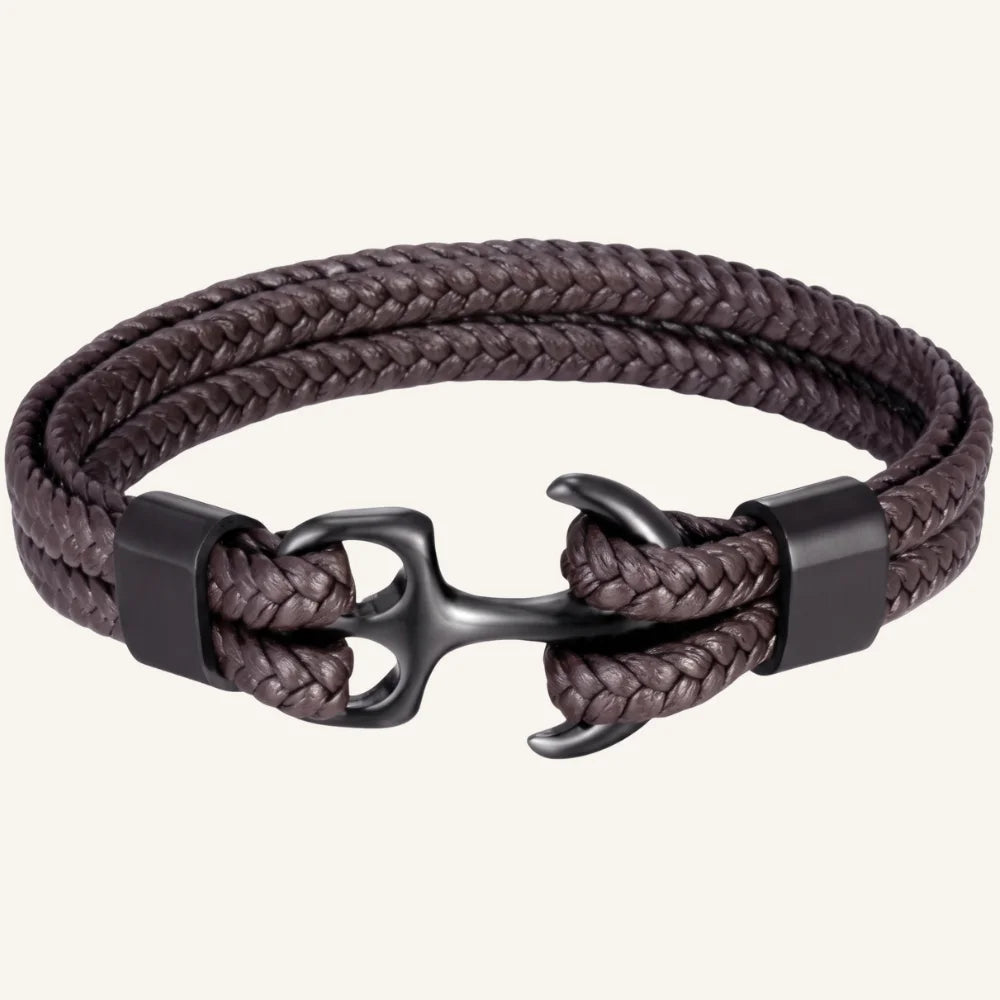 bracelet cuir tressé double ancre homme marron