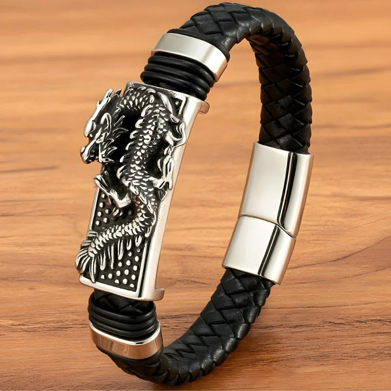 bracelet cuir tressé dragon argenté