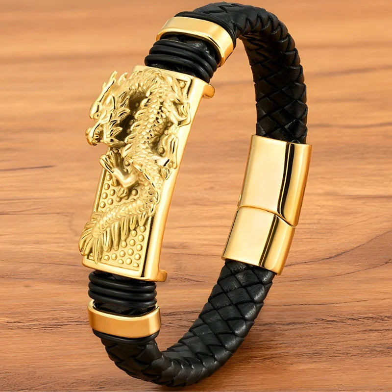 bracelet cuir tressé dragon doré