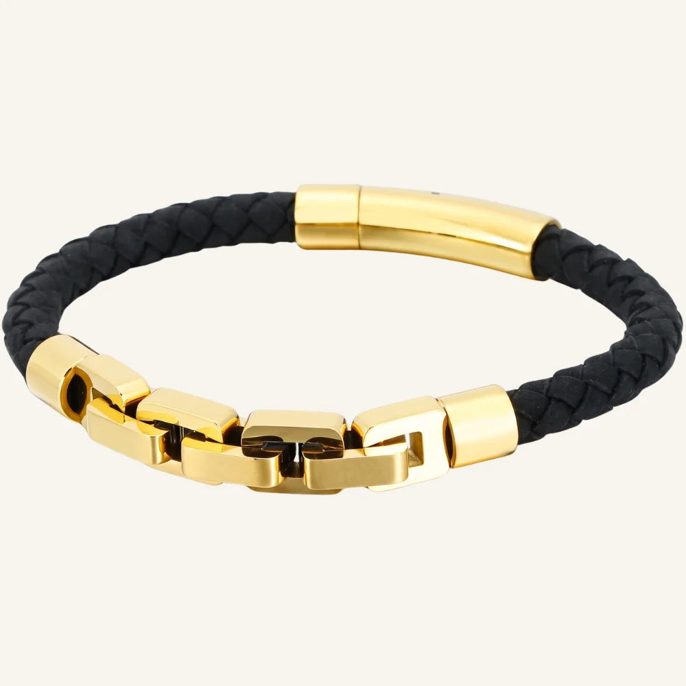 bracelet cuir tressé et acier maillon
