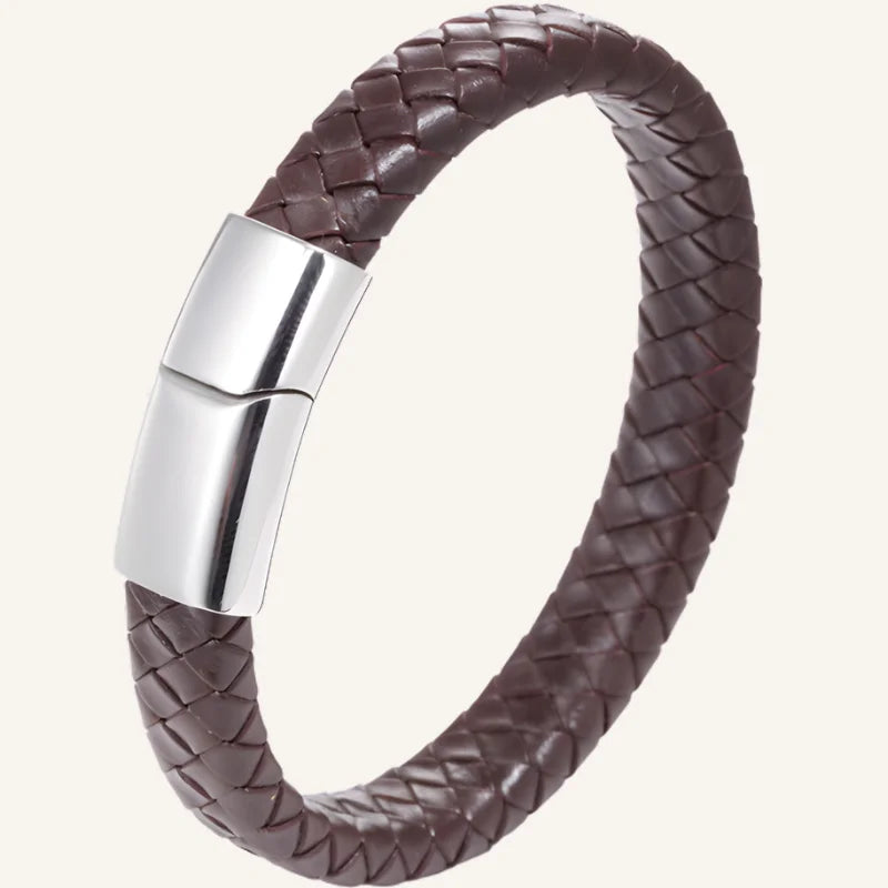 bracelet cuir tressé homme marron argenté