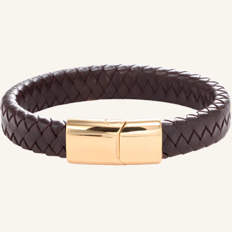 bracelet cuir tressé homme marron doré