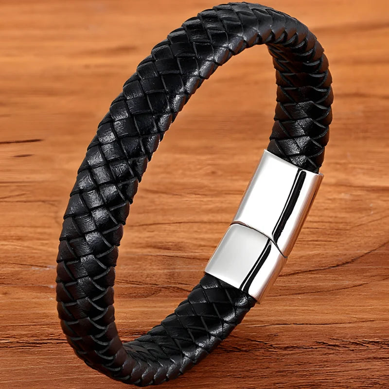 bracelet cuir tressé homme noir argenté