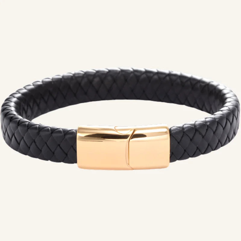 bracelet cuir tressé homme noir doré