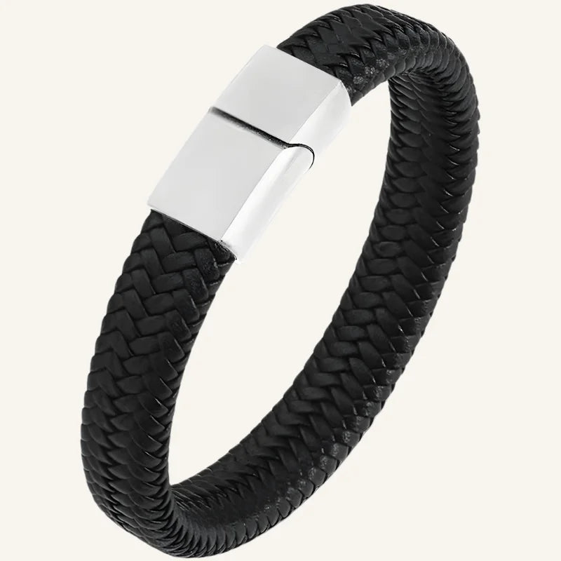 bracelet cuir tressé pour homme noir argenté