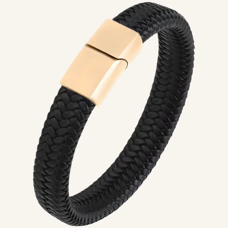 bracelet cuir tressé pour homme noir doré